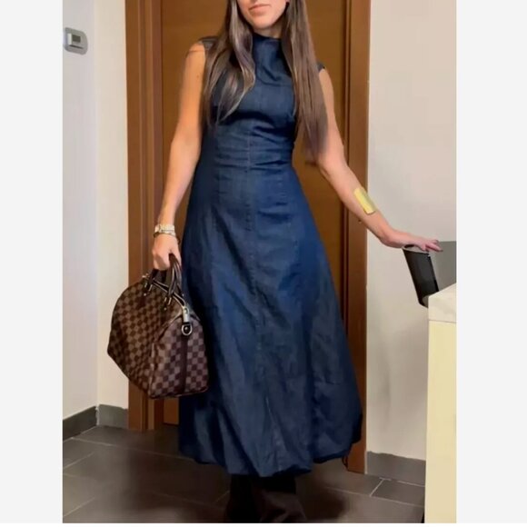Zara Dresses & Skirts - ZARA NEW WOMAN MIDI DENIM BALLOON DRESS DARK INDIGO BLUE S M 6929/288